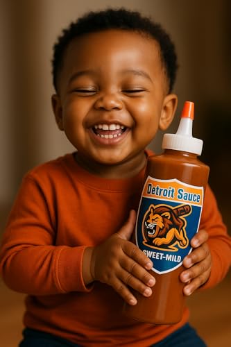 A smiling child hugging a bottle of Detroit Sauce